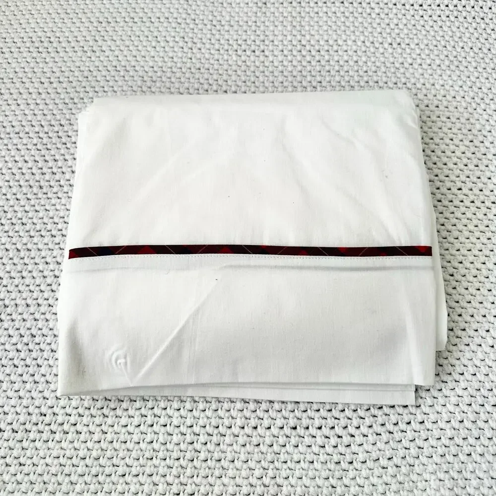 Ralph Lauren Vtg Brady White Red Tartan Plaid Stripe Cotton Full Flat Top Sheet